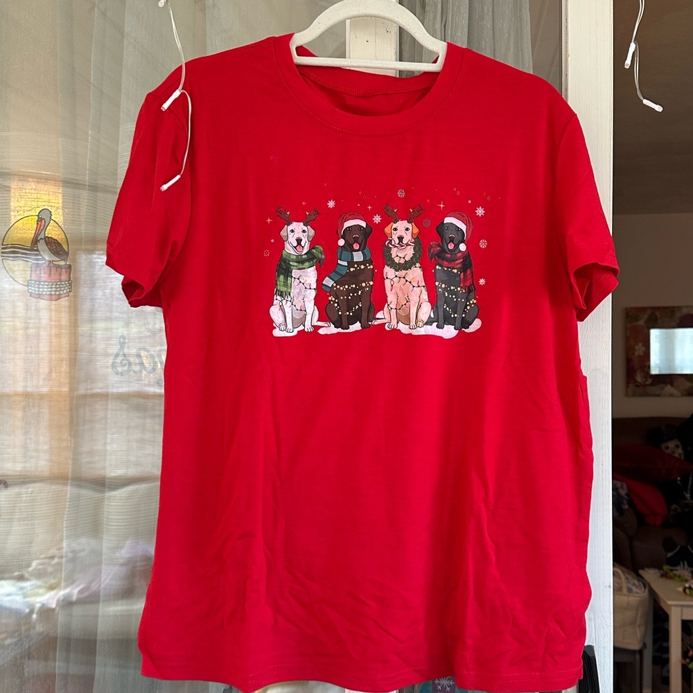 Festive Christmas Dog Print Red Short Sleeve T-Shirt - Picture 2 of 4